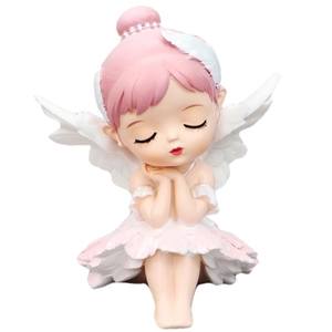 Pink haired angel figurine with white feather wings and skirt for car and desk decor
