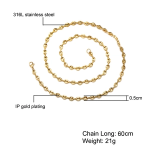 5mm gold stainless steel coffee bean chain necklace with 60cm length and IP plating