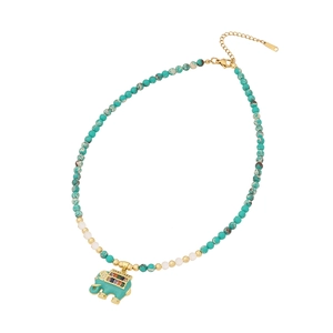 Natural stone beaded necklace featuring a gold elephant pendant with colorful accents