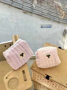 Minimalist quilted cotton makeup bags set in pink and purple with cute cat patch