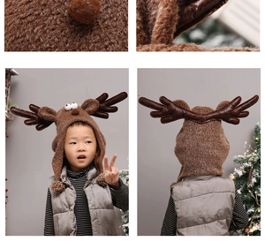 Detailed views of plush reindeer hat for kids featuring antlers and soft chin straps
