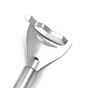 Stainless steel corn peeler tool for quick kernel removal on a plain white background