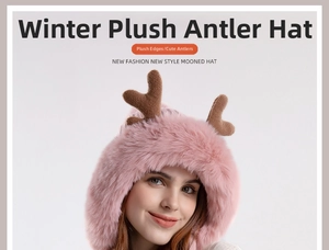 Detail of pink plush knit hat with reindeer antlers and soft ear flaps for winter