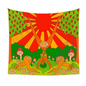 Macro detail of Bohemian tapestry showing vibrant retro floral patterns and artistic female motifs