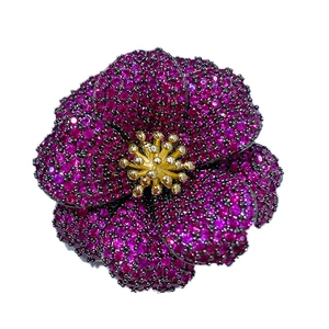 Luxury peony flower brooch with deep red petals and gold stamens on white background