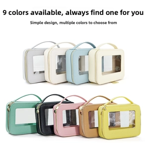 Detailed view of portable travel makeup bags in 9 colors with transparent PVC windows