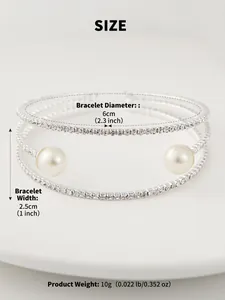 Size chart showing 6cm diameter and 2.5cm width of the rhinestone pearl cuff bracelet