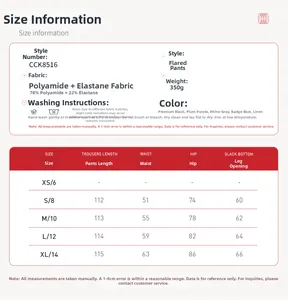 Tableau détaillé des tailles pour pantalons de yoga évasés avec mesures exactes