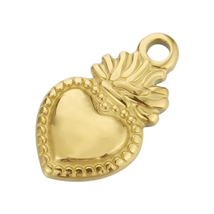 Polished gold stainless steel heart pendant with crown detail on a clean white background