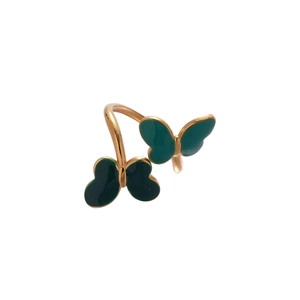 Minimalist gold open ring with green enamel butterfly design for women's fashion