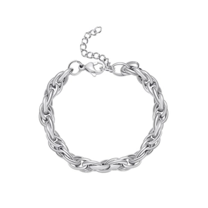 Polished silver stainless steel chain bracelet with lobster clasp on white background