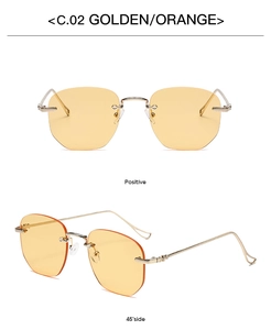 Detail view of golden rimless sunglasses with orange gradient lenses from multiple angles
