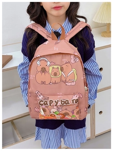 Pink Capybara cartoon backpack for kids with a large front pocket and floral patterns