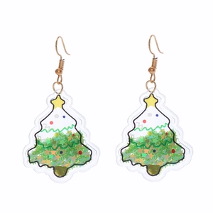 Detail of Christmas tree earrings with colorful glitter sequins inside transparent PVC