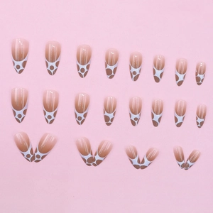 24pcs almond shape press-on nails with gradient nude brown base and white net pattern