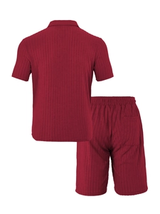 Rear view of burgundy knit men's leisure set showing vertical ribbed texture and fit