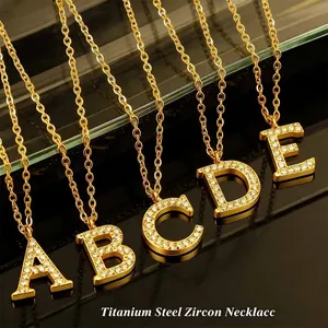 Initial Alphabet Pendant Necklace Titanium Steel 18K Gold Plated Zircon Pave Jewelry For Women