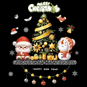 Christmas wall stickers featuring Santa, snowman, and tree on a black background