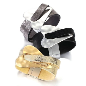 Fashion leather and alloy multilayer wrap bracelets in gold, black and silver finishes