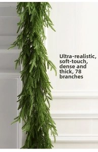 Close-up of artificial pine garland with 78 branches and soft-touch foliage for decor