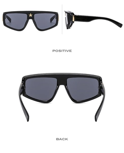 Three-way view of oversized black sunglasses with golden star decor and gray lenses