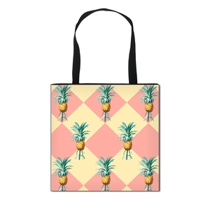Foldable canvas shopping bag with pineapple print and pink yellow diamond pattern