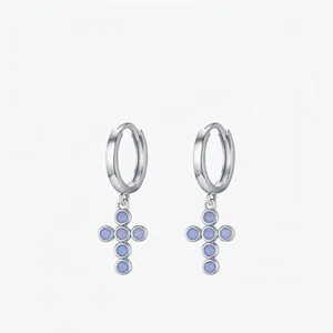 925 Sterling Silver Cross Hoop Earrings For Women With Round Blue Opal Pendant Minimalist Elegant Fashion Jewelry