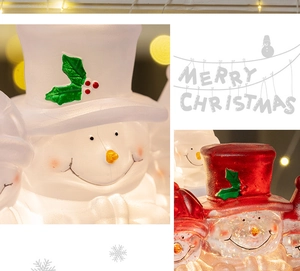 Close-up of frosted snowman figurine with festive hat and warm LED holiday lighting