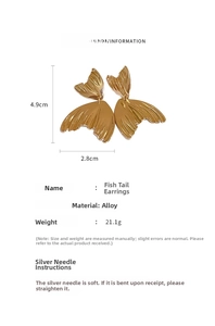 Detailed view of gold-tone fishtail earrings with specific product size measurements