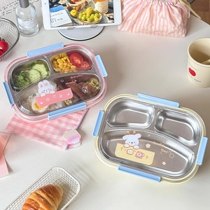 Divided 304 stainless steel lunch box with cute cartoon lids for school kids