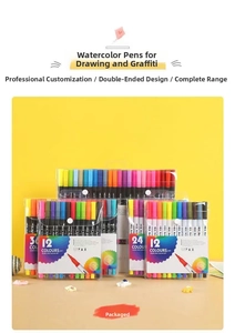 Dual tip watercolor markers set in transparent pouch with color coded caps for painting
