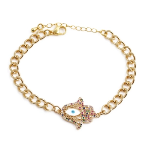 Hamsa Hand and Evil Eye gold plated chain bracelet with multicolored zircons