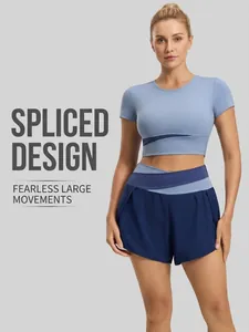 Short de Sport Femme Taille Haute Yoga Bottoms Séchage Rapide Faux Deux Pièces Patchwork Fitness Course à Pied Gym Été