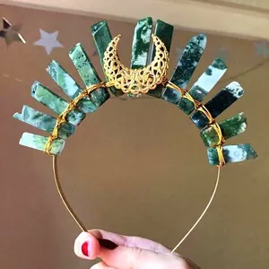 Handmade gold moon crown headband featuring raw green crystal stones in bohemian style
