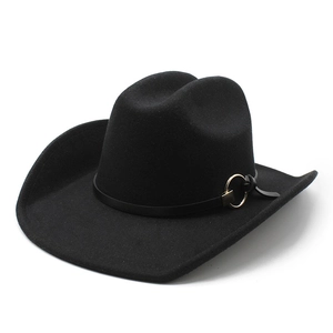 Western Cowboy Hat Woolen Felt Wide Brim Fedora With Leather Band Metal Buckle Sun Protection Outdoor For Men Women