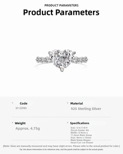 Detail of 925 silver ring featuring an 8A heart zircon with ice flower cut and specifications