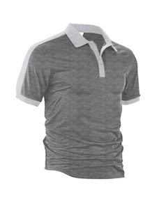 Detail of color-block knit polo shirt in dark grey twill texture with light grey trims