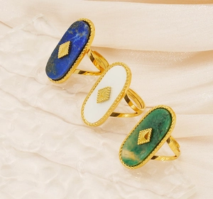 French vintage oval natural stone rings in gold stainless steel with adjustable band