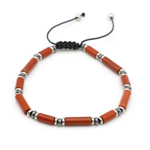 Men's natural stone beaded bracelet with red jasper cylinders and hematite spacers