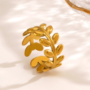 Minimalist adjustable leaf ring in gold finish with elegant olive branch metal design