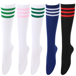 Detailed knit texture of five pairs of colorful three-stripe cotton knee-high socks
