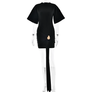 Chic black mini dress with round neck, waist twist design and elegant long streamer details