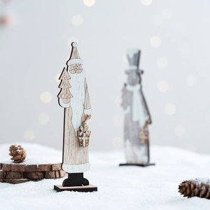 Standing wooden Christmas reindeer decor with Santa and Snowman in a snowy scene