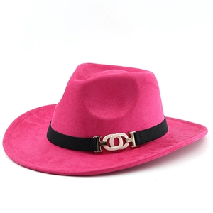 Hot pink wide brim faux suede fedora hat with black band and metallic buckle accessory