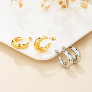 Chunky Hoop Earrings Stainless Steel High Polish C-Shaped Minimalist Twisted Moon Textured Jewelry For Women