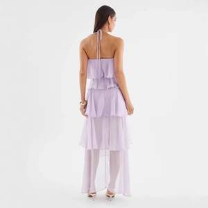 Lavender purple backless halter chiffon tiered maxi dress for summer beach vacation