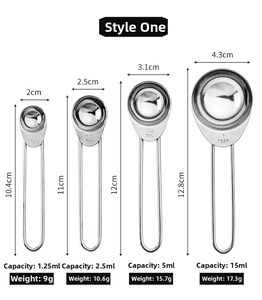 Detailed size chart for stainless steel measuring spoons with capacity and dimensions