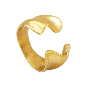 Irregular golden wavy open ring in polished titanium steel for women's fashion jewelry