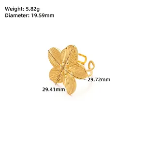 Detailed view of golden flower ring with engraved petals and adjustable open band