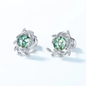 Minimalist S925 silver stud earrings featuring green moss agate with leaf design